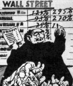 Antisemitische Propaganda. Ein als Jude gemeinter Mann, der den Mangalore etwas ähnlich sieht, schreibt hohe Prozentzahlen auf eine Tafel, auf der „Wall Street“ über einigen Zahlen steht.