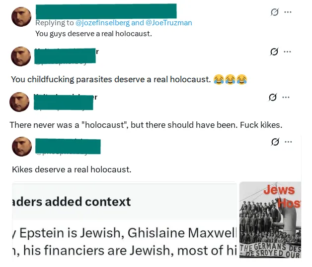 Vier antisemitische X-Postings, Transkription unten.