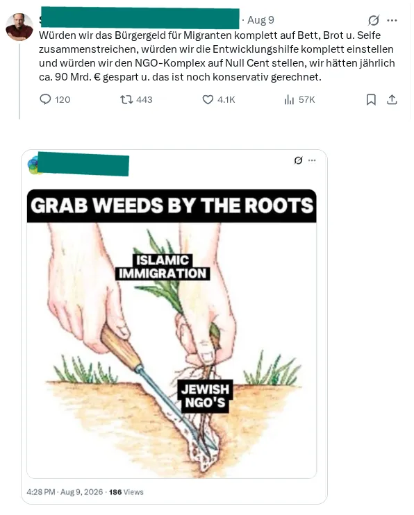 Oben Screenshot des X-Postings, darunter eine Grafik als Antwort. Das Bild zeigt das Ausstechen von Unkraut. Transkription unten.