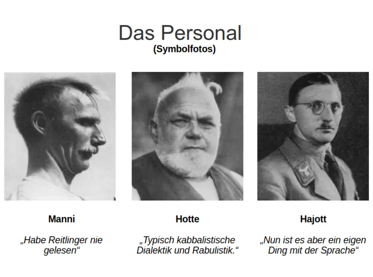 Drei Brustbilder eher unfreundlich dreinblickender Männer. Links hager, Mitte eher drall und gedrungen, rechts Beamtentyp mit Brille und Uniform