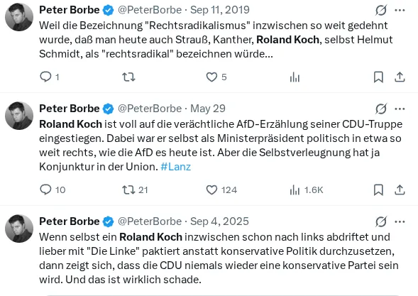 Sceenshot dreier X-Postings von Peter Borbe. Transkription unten.