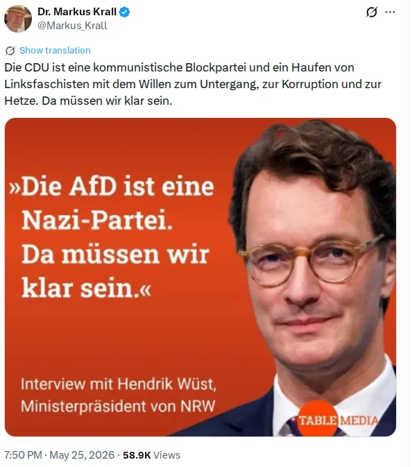 X-Posting von Markus Krall mit Screenshot von Hendrik Wüst, Transkription unten