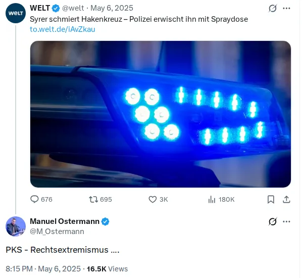 Screenshot einer Meldung der WELT mit verschwommenem Foto eines Blaulichts.