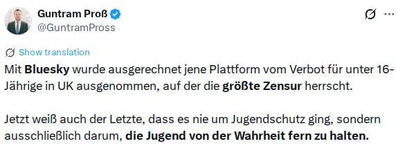 Posting von Guntram Proß auf X. Transkription unten