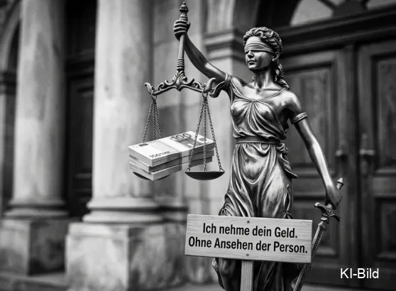 Eine KI-Schwarzweißdarstellung der blinden Justitia, in einer Waagschale liegen Geldbündel.