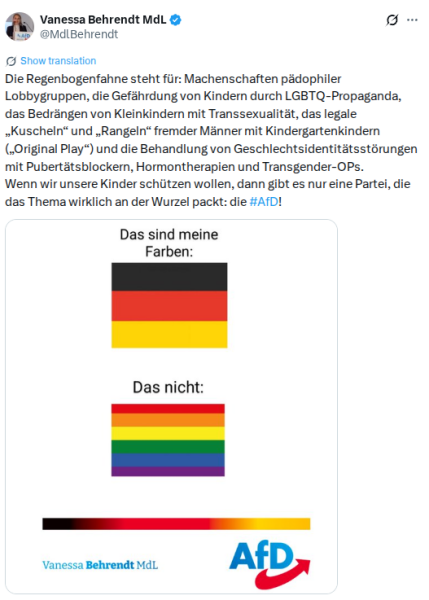Ein X-Posting der Politiker mit Regenbogen- und Deutschlandflagge und dem Text, dass sie Ersteres ablehnt und Letzteres will. Transkript unten.