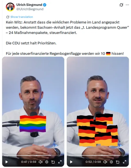 Zwei Video-Standbilder: Ulrich Siegmund trägt ein weißes Hemd und spricht in ein Mikrofon, die Hände hat er vor sich auf dem Tisch voreinander gelegt. Vor dem Oberkörper eingeblendet links eine Regenbogenflagge, rechts zehn überlappende Deutschlandflaggen. Video-Transkription unten.