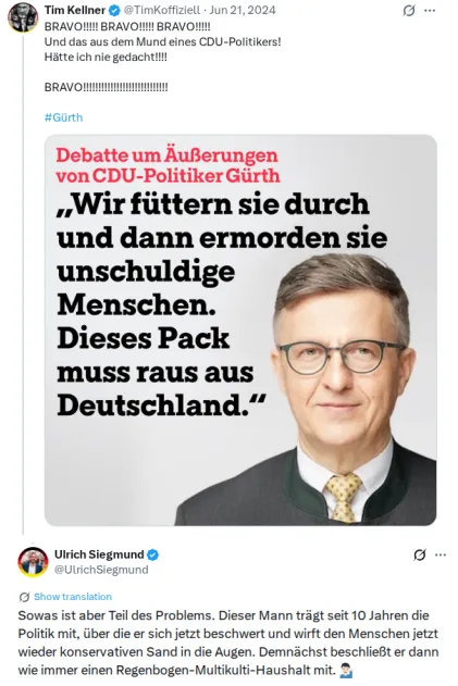 Postings von Tim Kellner und Ulrich Siegmund (AfD), Transkription unten.