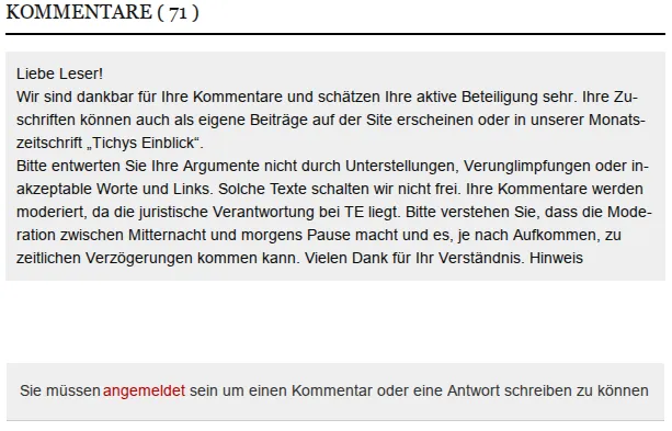 Ein Hinweis auf <cite>Tichys Einblick</cite>, dass Leserzuschriften moderiert werden.