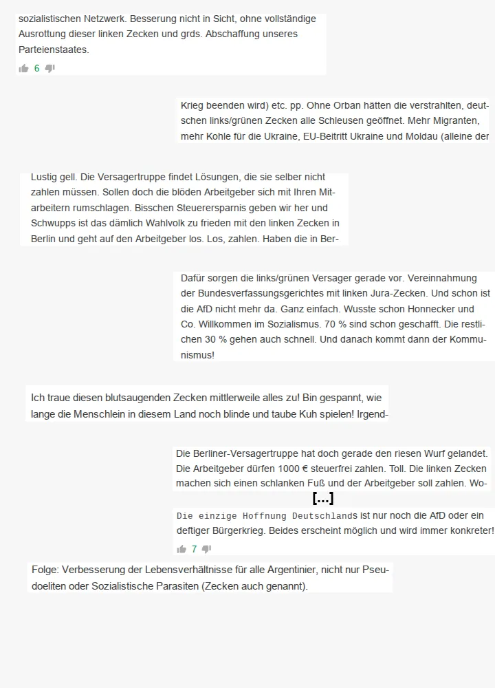 Eine Collage von Äußerungen auf dem Portal Tichys Einblick, in denen Menschen als Zecken bezeichnet werden. Transkription unten