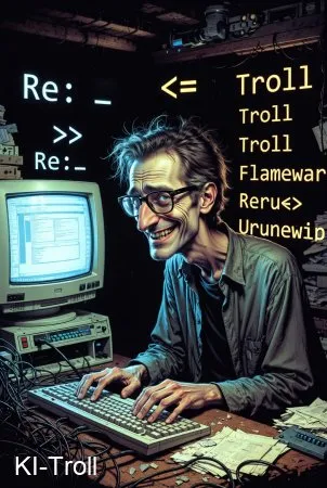 Ein Mann, der ein dunkles Hemd, eine Krawatte und eine Brille trägt, sitzt in einem abgedunkelten Raum gehässig grinsend an der Tastatur.