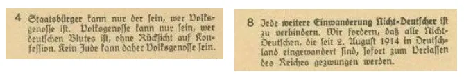 Zwei Screenshots zeigen Auszüge aus dem NSDAP-Parteiprogramm in Frakturschrift. Transkription unten.